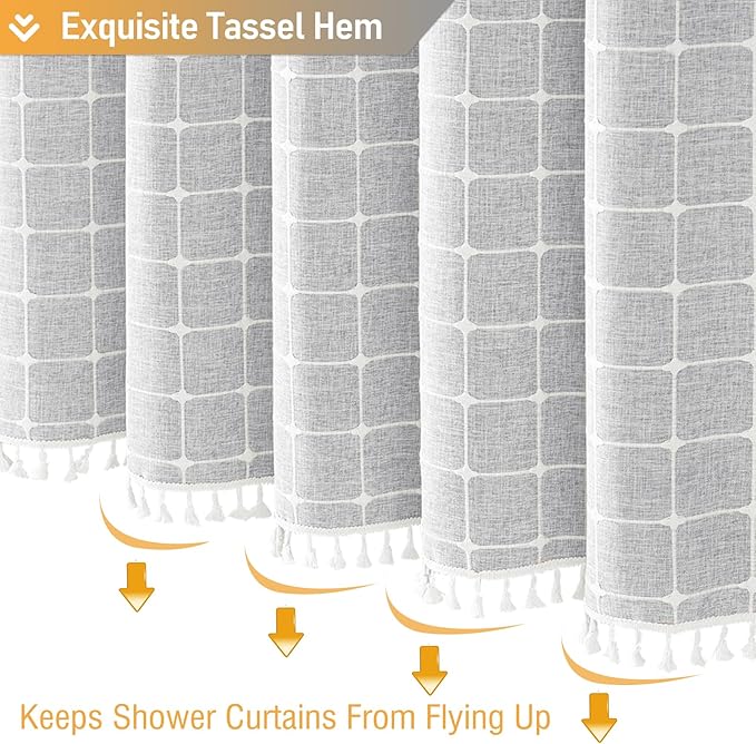 BTTN 78 Inch Long Shower Curtain - Boho Farmhouse Linen Ultra Thick Fabric Shower Curtain Set with Plastic Hooks, Tall Rustic Country Luxury Cloth Shower Curtains for Bathroom Decor, Gray/Grey, 72x78