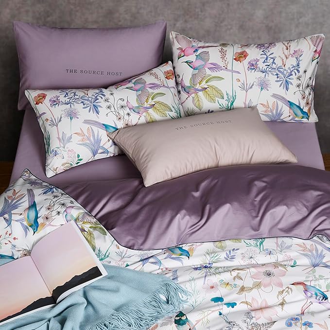 mixinni Queen Size Duvet Cover Purple Flowers Bird Bedding Sets Shabby Chic Boho Long-Staple Cotton Duvet Cover Set with Zipper Ties 1 Duvet Cover+2 Pillowcases, Ultra Soft, Breathable-Queen Size