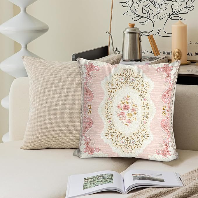 Boho Floral Throw Pillow Covers 16x16 inch Set of 2,Pink Boho Rug Geometric Floral Pattern Decor Double Sided Pattern Cushion Cover Soft Pillow Case Living Sofa Room Bed Square Pillow Cover