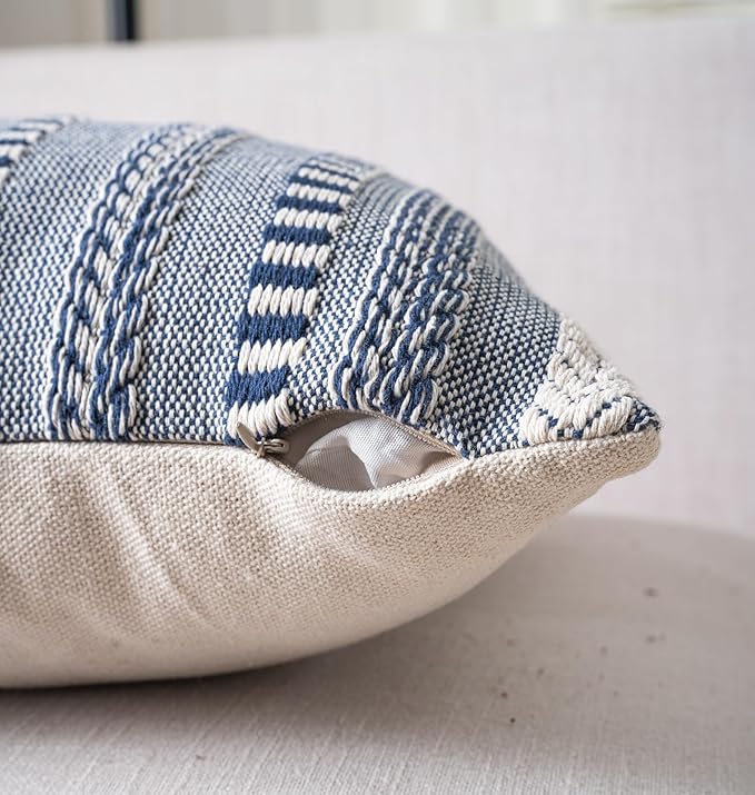 Boho Throw Pillow Covers 18x18 Inch Set of 2, Farmhouse Decorative Couch Pillow Cases, Navy Blue Accent Pillows of Bed, Sofa Bedroom Living Room Home Decor Cushion Cover