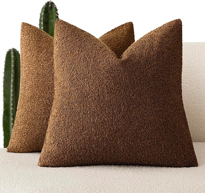 Foindtower Pack of 2 Textured Boucle Throw Pillow Covers Accent Solid Pillow Cases Cozy Soft Decorative Couch Cushion Case for Chair Sofa Bedroom Living Room Home Decor 18x18 Inch Hazel Brown