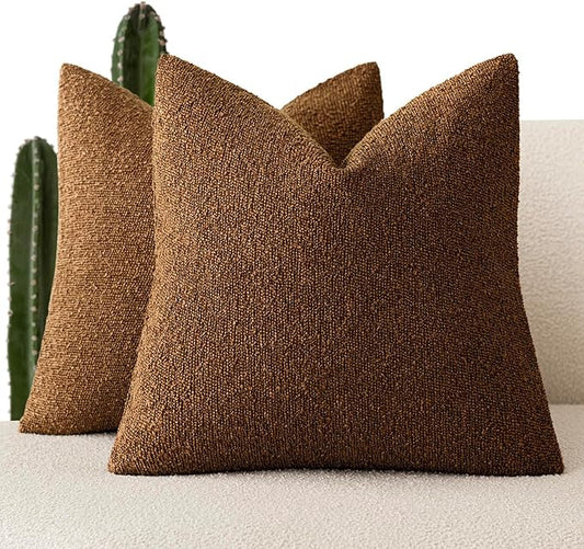 Foindtower Set of 2, Decorative Textured Boucle Throw Pillow Covers Accent Solid Pillow Cases Neutral Soft Cozy Couch Cushion Case for Chair Sofa Bedroom Living Room Home Decor 24x24 Inch Hazel Brown