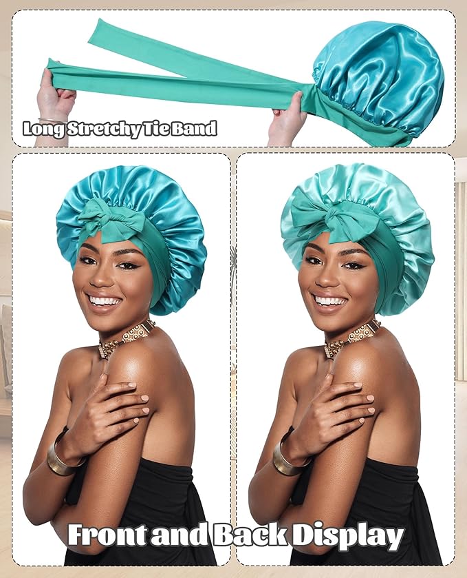 Satin Bonnet Silk Bonnet for Sleeping Silk Sleep Cap Double Layer Hair Bonnet with Elastic Tie Band for Curly Hair Night Cap (Peacock green+Wheat green)