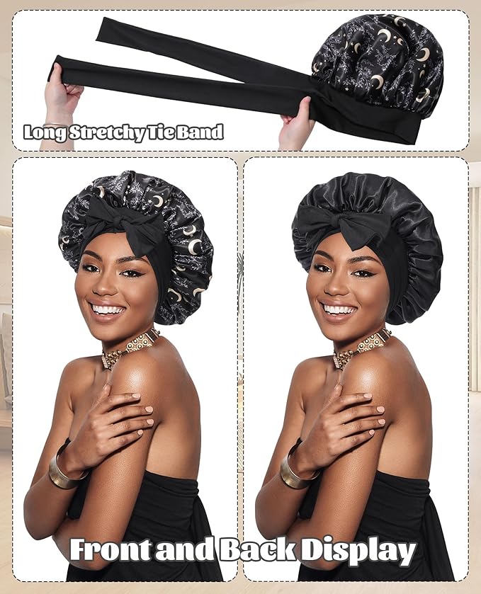 Satin Bonnet Silk Bonnet for Sleeping Silk Sleep Cap Double Layer Hair Bonnet with Elastic Tie Band for Curly Hair Night Cap (Black stars and moon+Black)