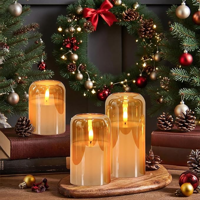 GenSwin Glass Gold Flameless Candles with Remote Timer, Battery Operated Candles with Flickering Flame, Glass and Real Wax LED Pillar Candle for Halloween Christmas Home Decor(Set of 3, D3”x4”5”6”)