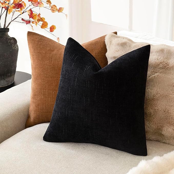 Foindtower Pack of 2 Soft Textured Chenille Throw Decorative Pillow Covers Square Accent Solid Cushion Cover Cozy Farmhouse Pillow Case with Zipper for Couch Sofa Bedroom Living Room 24x24 Inch, Black
