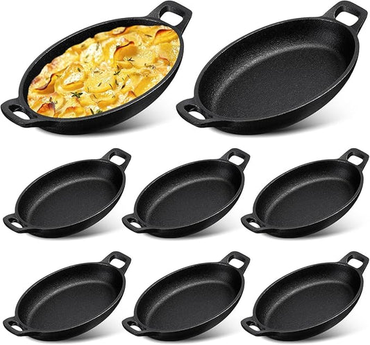 Mifoci 8 Pcs Oval Serving Dish Mini Cast Iron Skillet Cast Iron Baking Pan Sizzling Plate Matte Black Gratin Cookware for Home Restaurant Kitchen Food Service Barbecue (7.1" X 4.7")