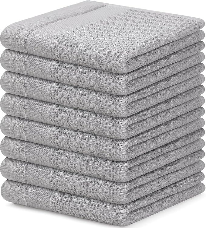 Homaxy 100% Cotton Dish Cloths, 8 Pack - 12 x 12 Inches, Waffle Weave Super Soft and Absorbent Dish Towels Quick Drying Dishcloths, Light Grey