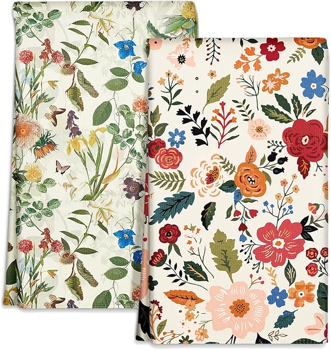 Microfiber Kitchen Towels - Set of 2 Dish Towels for Kitchen 18 x 26 Inch Home Decoration Red Flower Grass Cute Spring Hand Towels Soft & Absorbent Aesthetic Design