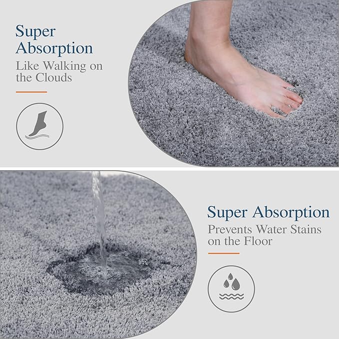 Walensee Bathroom Rug, Non Slip Bath Mat (16 x 24, Grey) Water Absorbent Soft Microfiber Shaggy Mat Machine Washable, Thick Plush Rugs for Shower
