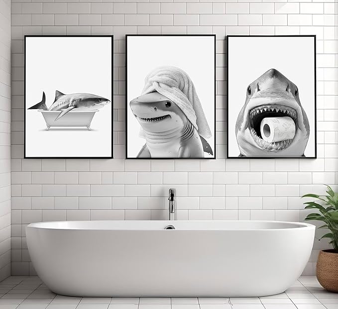 3pcs Black And White Shark Bathroom Canvas wall art Funny ocean Animal bathtub Paintings Pictures Wall Decor Modern Poster Printing Artwork for Restroom Toilet Home Decoration Unframed