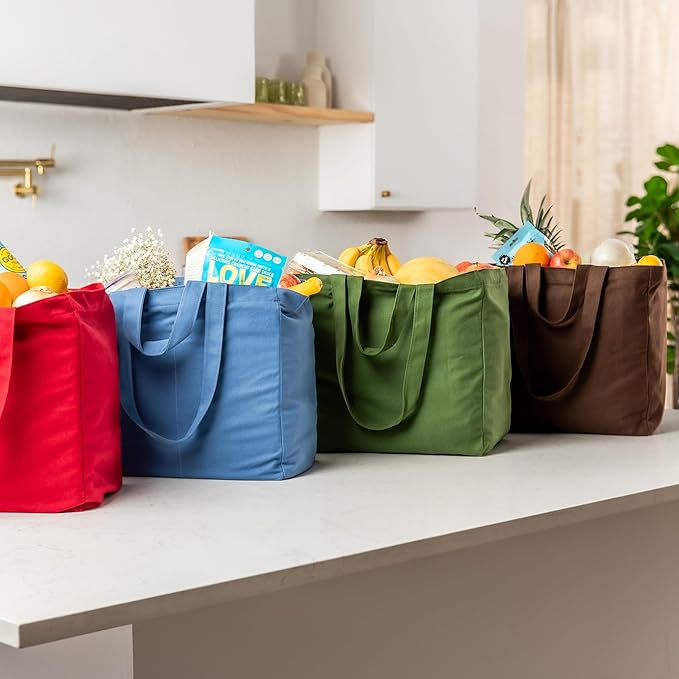 VeraMia Canvas Grocery Bag 3pc XL Set with Real Pockets, Long Shoulder Strap and Short Handle. Heavy Duty, Foldable, Washable