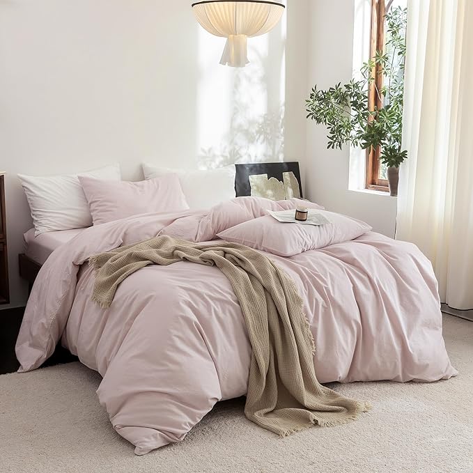 FOSSA Duvet Cover Set 100% Washed Cotton Linen Feel Super Soft Breathable Cozy 3 Pieces Bedding Sets Solid Greyish Pink King