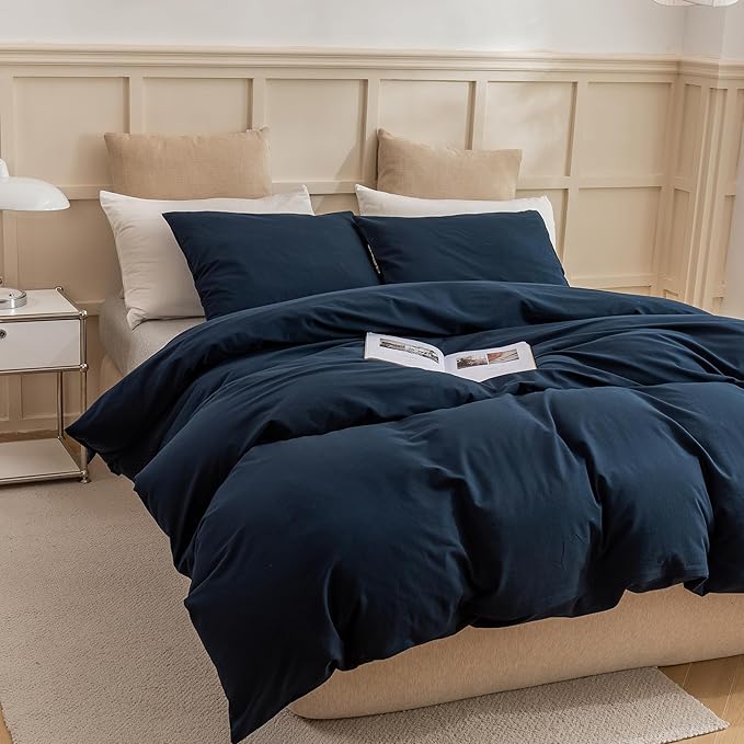 ECOCOTT Navy Blue Duvet Cover California King Size - 100% Washed Cotton Durable Soft Comfy Bedding Set, 3 Pieces Duvet Cover with Zipper Closure (Navy Blue, 104''x98'')
