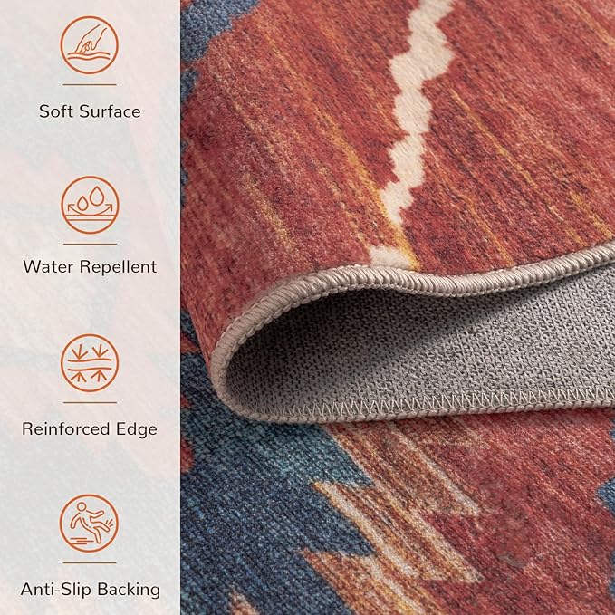 Area Rug 6x9 Rug Machine Washable Non-Slip Low Pile Print Pattern Western Rug for Living Room Bedroom Entryway Tribal Series -Red/Orange