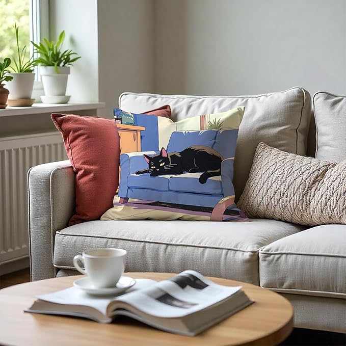 Vintage Black Cat Pillow Covers 18x18, Cats Lovers Lady Gifts, Cat Mom Grandma Gifts, Japanese Anime Black Cats Decorative Pillow Covers for Home Bedroom Living Room Office Decor