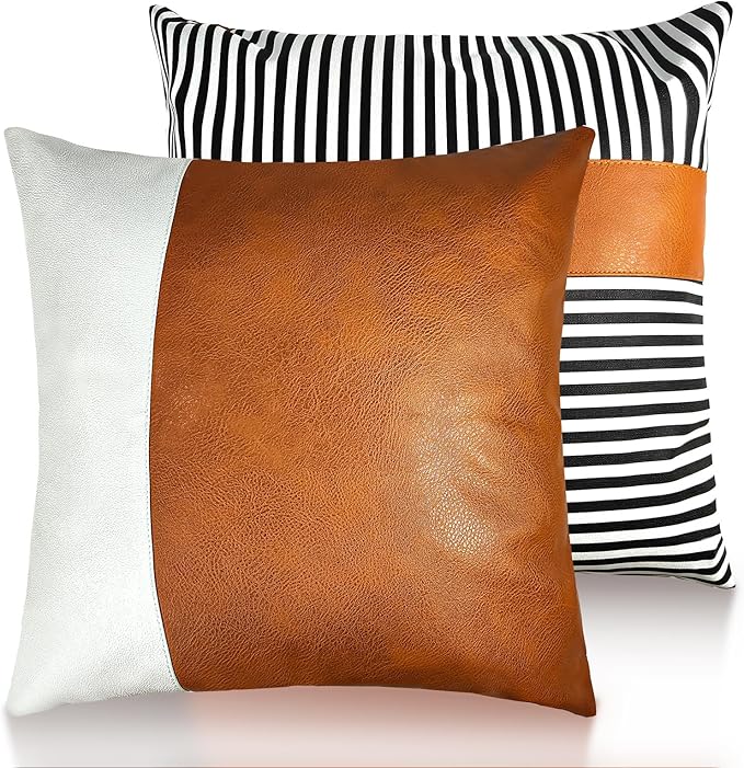 Faux Leather Throw Pillow Cover 18X18 Inch Set of 2 Brown Outdoor Modern Farmhouse Solid Decorative Pillow Covers for Room Couch Living Bedroom Bed Sofa