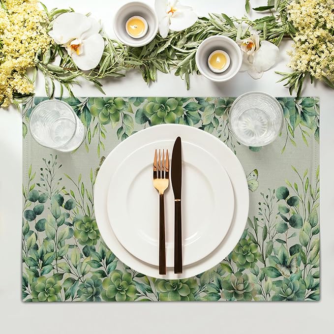 Giwawa 4PCs Spring Summer Leaf Placemats 12x18 Inch Sage Green Eucalyptus Leaves Butterflies Linen Washable Place Mat Stain Resistant Table Mats for Kitchen Dining Seasonal Decor