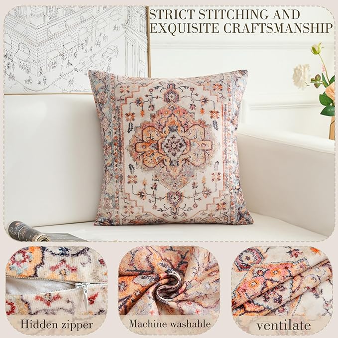Boho Throw Pillow Covers 18x18 inch Set of 2,Boho Vintage Carpet Pattern Antique Ethnic Decor Double Sided Pattern Cushion Cover Soft Pillow Case Living Sofa Room Bed Square Pillow Cover