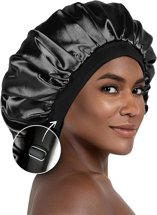 Satin Bonnet Adjustable Sleeping Silk Bonnet Black Women Men Double Layer Satin Silk Sleep Cap Hair Wrap Large Curly Hair