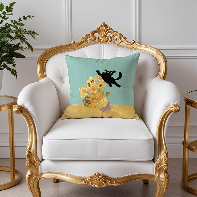 Floral Black Cat Pillow Covers 18x18, Cats Lovers Mom Grandma Gifts for Mother's Day, Funny Van Gogh Sunflower Black Cat Art Pillow Covers for Home Bedroom Living Room Office Decor