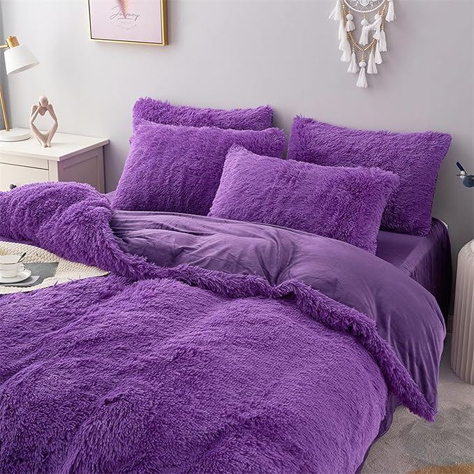 MorroMorn 5 PCS Plush Shaggy Duvet Cover Sets, Luxury Shag Fluffy Comforter Cover Fuzzy Bedding Set - Long Faux Fur Ultra Soft Cozy (Lavender, King/California King)