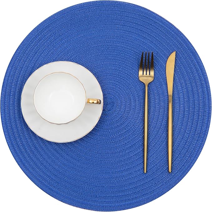 SHACOS Round Placemats Set of 6 Washable 15 inch Round Table Mats Cotton Polyester Woven Braided Place Mats for Dining Table (Blue, 6)