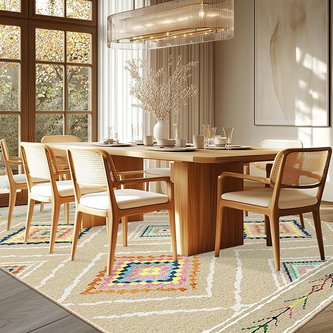 Area Rug 9x12 Rug Machine Washable Non-Slip Low Pile Print Pattern Western Rug for Living Room Bedroom Entryway Tribal Series -Cream/Beige