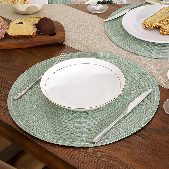 SHACOS Round Placemats Set of 6 Washable 15 inch Round Table Mats Cotton Polyester Woven Braided Place Mats for Dining Table, Sage Green