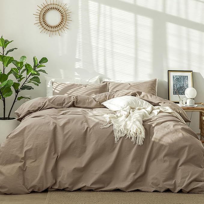 MooMee Bedding Duvet Cover Set 100% Washed Cotton Linen Like Textured Breathable Durable Soft Comfy (Solid Mocha Brown, Twin 68"x90")