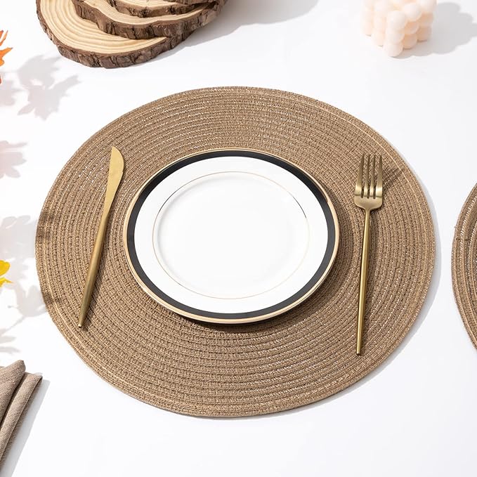 SHACOS Round Braided Placemats Set of 6 Washable Cotton Polyester 15 inch Round Table Place Mat for Dining Table (Brown, 6)