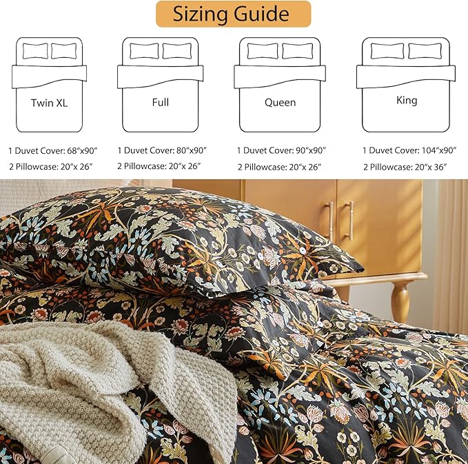 mixinni Vintage Floral Duvet Cover Queen Size Farmhouse Boho Duvet Cover Set Cotton Percale Flowers Pattern Printed Bedding Set with 2 Pillowcases Perfect for Him and Her-Queen Size