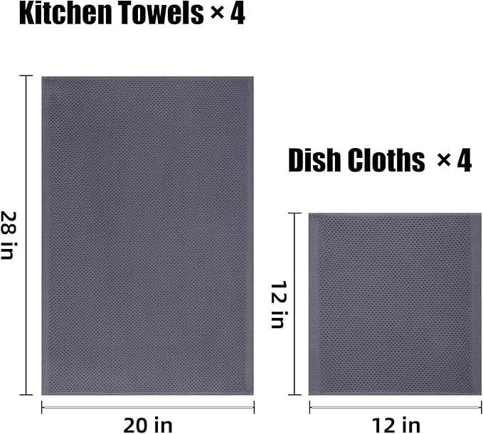 Homaxy 100% Cotton Kitchen Towels and Dishcloths Set, Large 12 x 12 Inches and 20 x 28 Inches, Set of 8 Bulk Kitchen Towels Set, Ultra Soft Absorbent Dish Cloths for Washing Dishes, Dark Grey