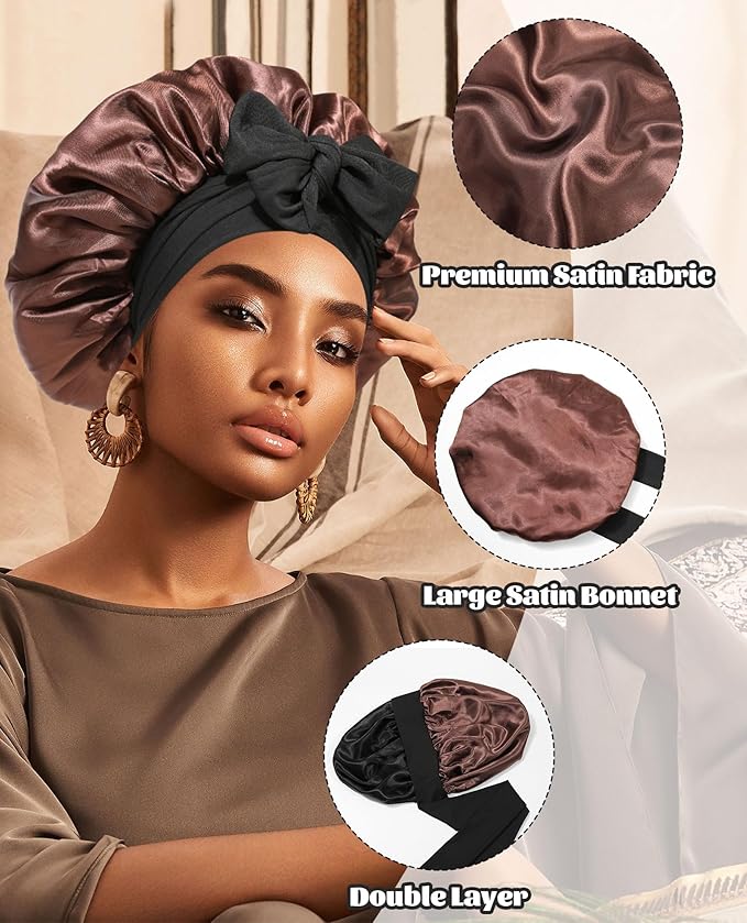 Satin Bonnet Silk Bonnet for Sleeping Silk Sleep Cap Double Layer Hair Bonnet with Elastic Tie Band for Curly Hair Night Cap (Black+Brown)