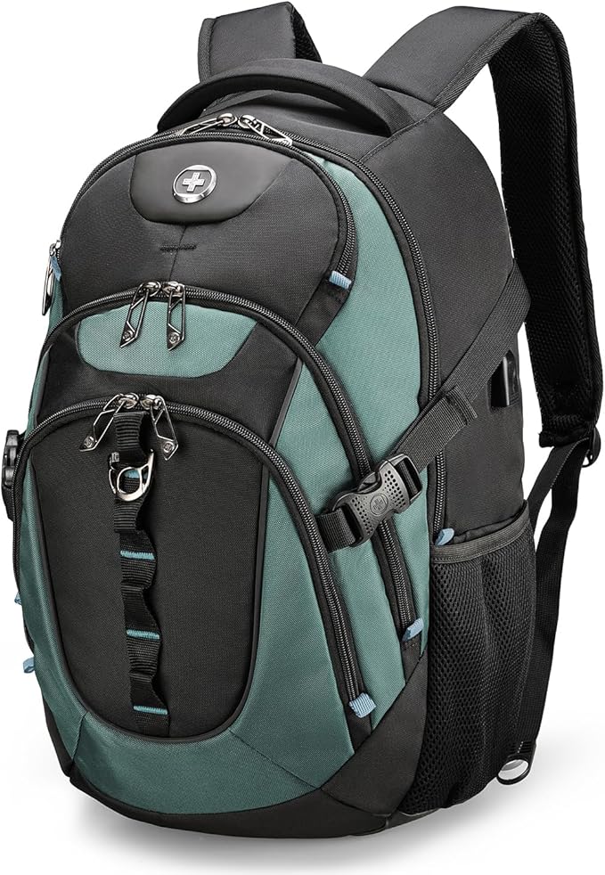 Swissdigital Design Laptop Backpack with USB Charging Port, Travel Backpack Fits 15.6 inches Computer, 31L College School Backpack for Men, Lake Green/Black | SD803