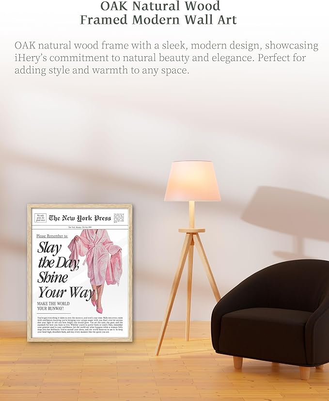 iHery Natural OAK Wood Retro Vintage Pink News Framed Wall Art, 12x16 in Slay the Day Shine Your Way Canvas Wall Decor, Modern Trendy Newspaper Bedroom Decor, Set of 1 For Bathroom Living Room