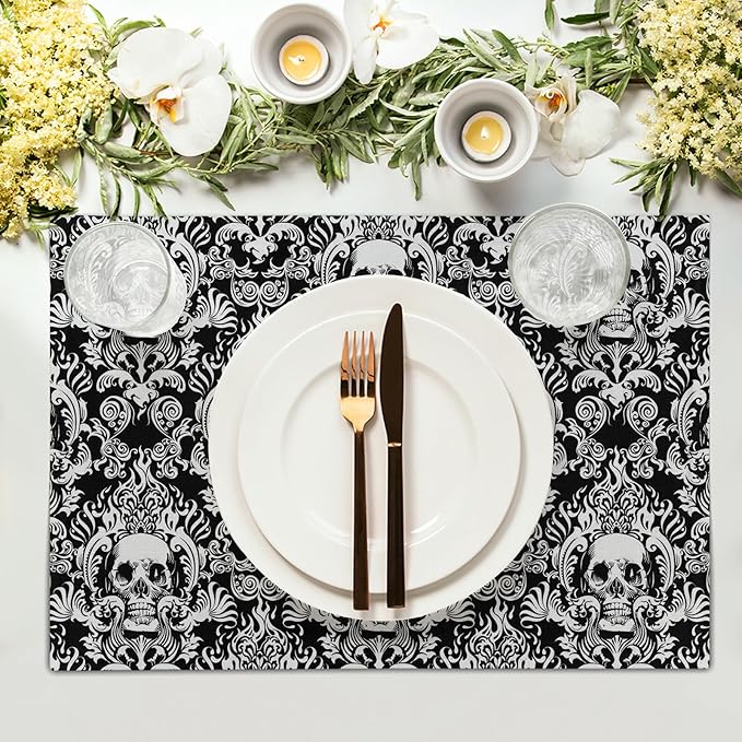 Giwawa Gothic Skull Placemats, Halloween Skeleton Decorative Linen Place Mat, Spooky Day of The Dead Table Mats for Kitchen Dining, Heat Resistant Non Slip, Set of 4, 12"x18"