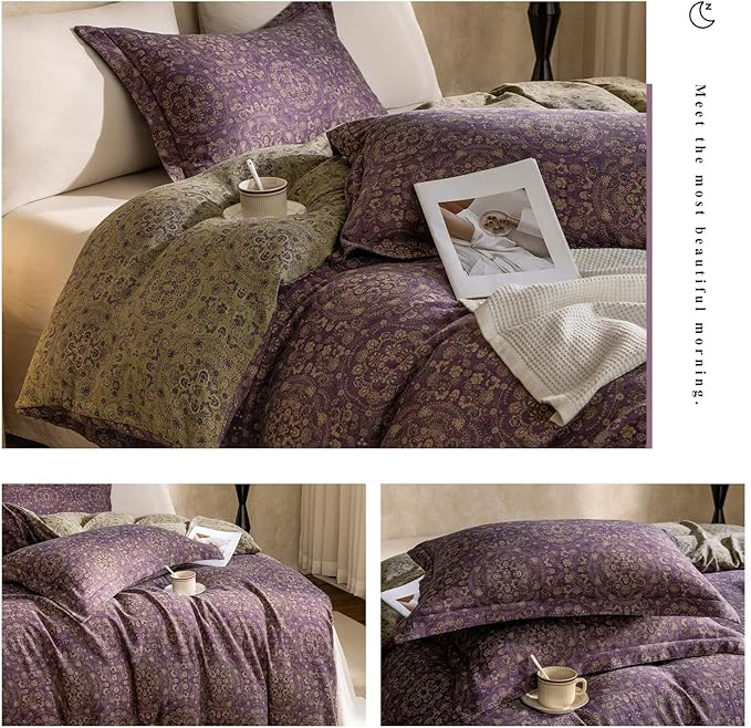 mixinni Purple Green Floral Duvet Cover King Size, Elegant Double-Layer Yarn Premium Cotton Vintage Duvet Cover Set, Exquisite Jacquard Design Bedding Set with 2 Pillowcases Perfect for Him and Her