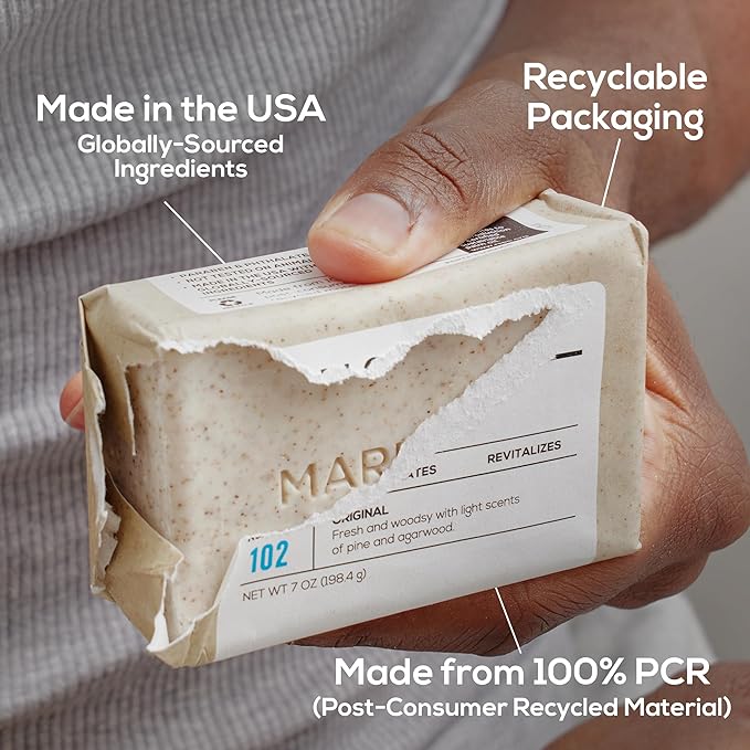 MARLOWE. No. 102 Body Scrub Soap 7 oz (12 Bars), Exfoliating Soap Bar with Shea Butter, Olive Oil & Green Tea Extracts, Cleanses, Smooths & Revitalizes Skin, Original Sage & Fir Scent