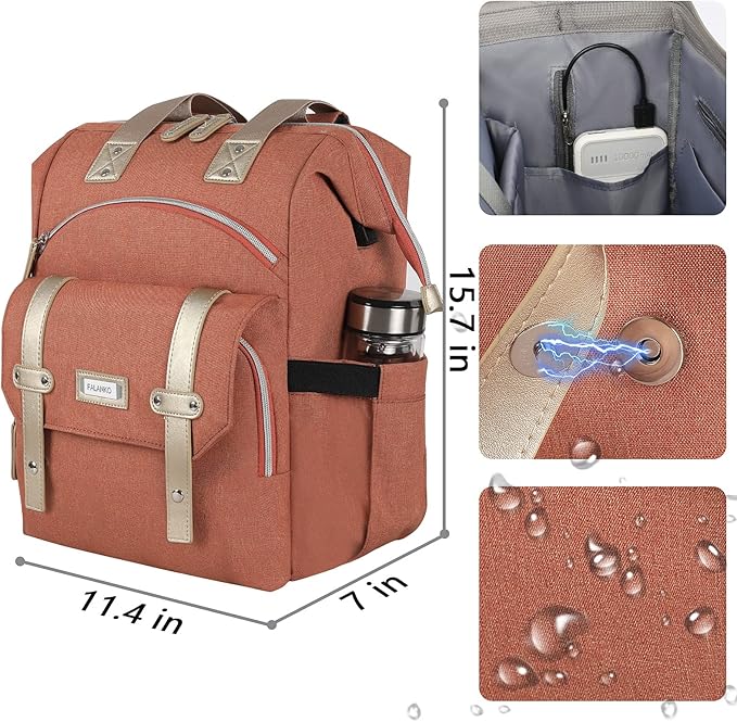 FALANKO Laptop Backpack for Women,15.6 inch Teacher Nurse School Waterproof Backpack,Large Womens Computer Backpack with Laptop Compartment,USD Charging Port,RFID Anti Theft Shoulder Orange Bags