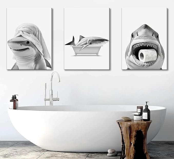3pcs Black And White Shark Bathroom Canvas wall art Funny ocean Animal bathtub Paintings Pictures Wall Decor Modern Poster Printing Artwork for Restroom Toilet Home Decoration