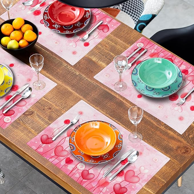 Giwawa Valentines Day Placemats Set of 4 12x18 Inch Red Love Hearts Flower Floral Decorative Place Mat Linen Heat Resistant Washable Table Mats for Kitchen Dining Holiday Wedding Anniversary
