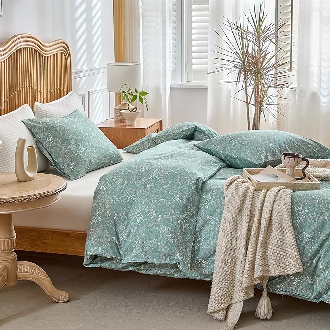 mixinni 3 Pieces Duvet Covers King Size, 100% Cotton Comforter Cover Wildflower Printed on Sage Green Floral Bedding Set with Zipper Closure 4 Ties (1 Duvet Cover 104"x90", 2 Pillow Cases 20"x36")