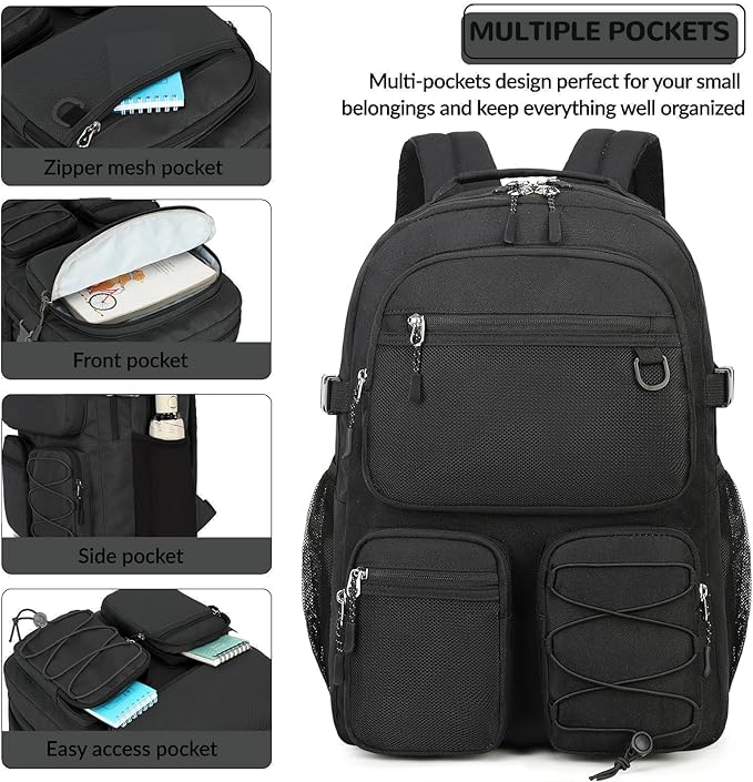 Lohol Water Resistant Daypack with Mulitiple Pockets for School Travel Outdoor College, 15.6 inch Laptop Backpack for Men and Women (Black)