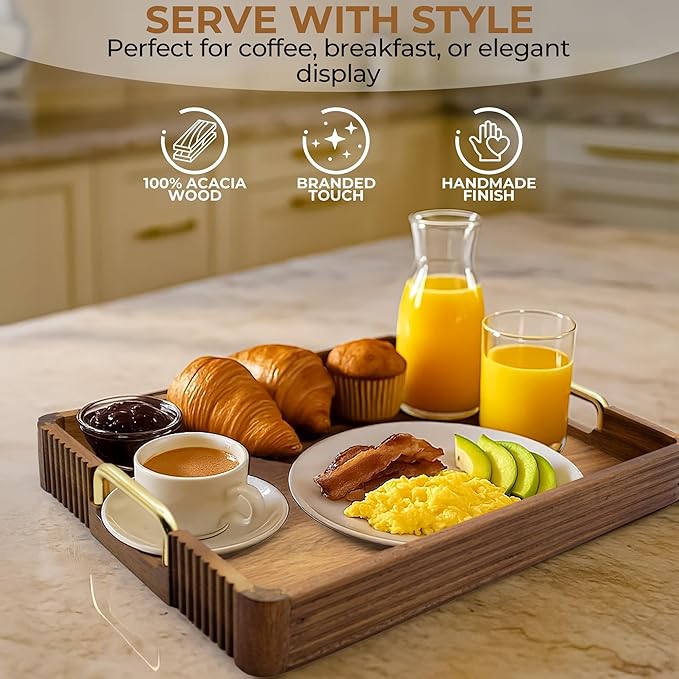 Acacia Wood Serving Tray with Metal Handles  – 17x12in Rustic Decorative Ottoman & Coffee Table Tray for Breakfast in Bed, Dinner, Bar, Kitchen, Home Décor & Entertaining