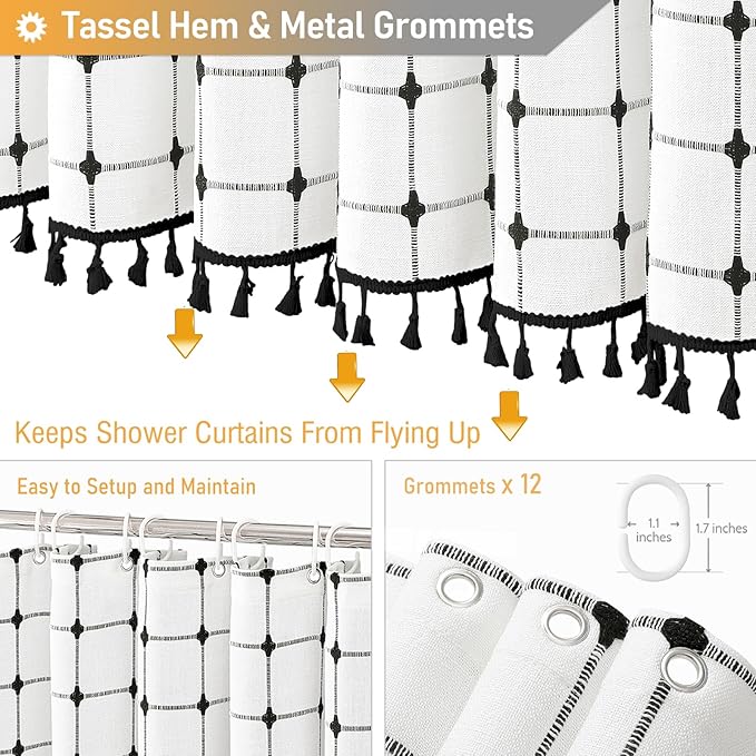 BTTN Extra Long Shower Curtain - 72x96 Inch Long Boho Chic Linen Fabric Heavy Duty Shower Curtain Set with Hooks, Bohemian Farmhouse Shabby Chic Tassel Shower Curtains for Bathroom - White and Black