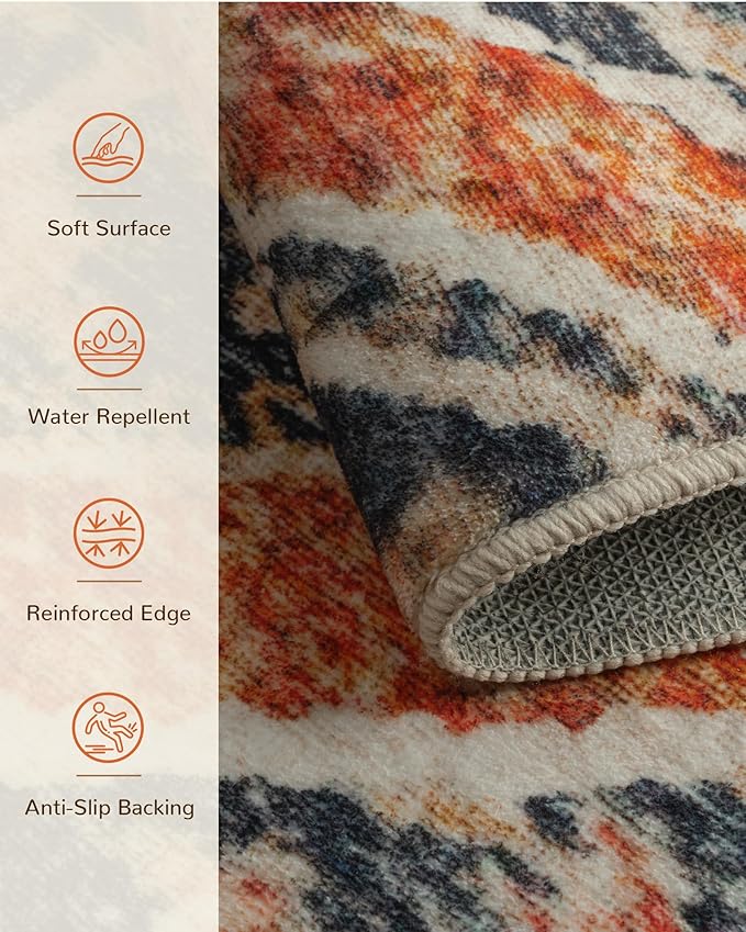 Area Rug 9x12 Rug Machine Washable Non-Slip Low Pile Print Pattern Western Rug for Living Room Bedroom Entryway Tribal Series -Orange/Brown