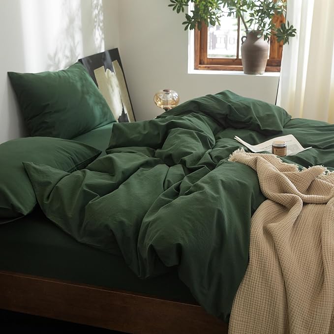 FOSSA Duvet Cover Set 100% Washed Cotton Linen Feel Super Soft Breathable Cozy 3 Pieces Bedding Sets Solid Forest Green King