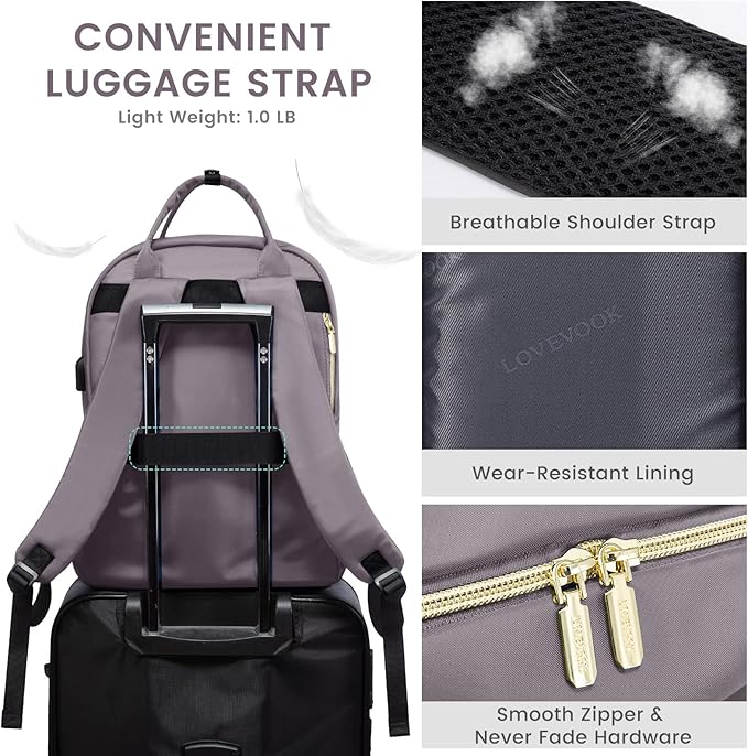 LOVEVOOK Womens Backpack,15.6 Inch Laptop Backpack for Work Travel, Large Capacity Work Backpack for Teacher Nurse, Computer Bag with USB Charging Port.Grey Purple.