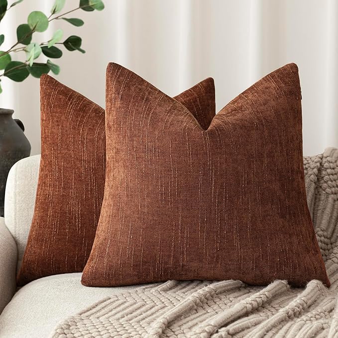 Foindtower Pack of 2 Soft Textured Chenille Throw Decorative Pillow Covers Square Accent Solid Cushion Cover Cozy Neutral Farmhouse Pillow Case for Couch Sofa Bedroom Living Room 20x20 Inch,Red Taupe